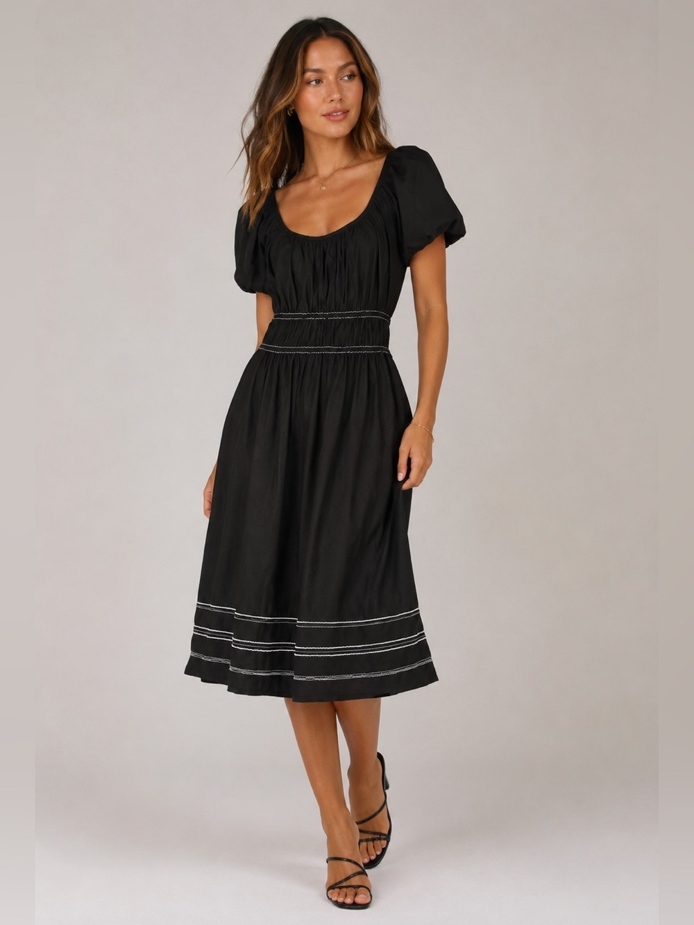Kate Spade Ric Rac Riviera Black Puff Sleeve Smocked Midi Dress Large